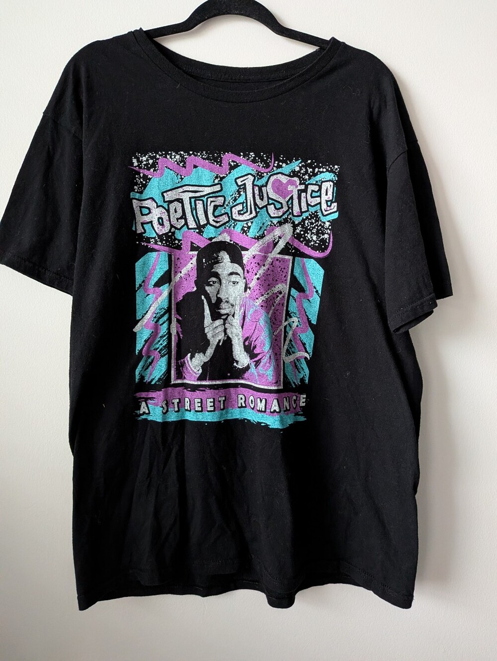 Poetic Justice Tupac Graphic Tee in Black with Teal & Purple Print